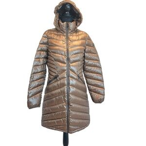 Andrew Marc packable down filled metallic bronze brown hooded long puffer coat L